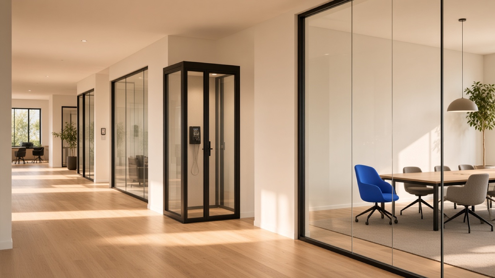 A corridor lined with glass bookable rooms and a phone booth