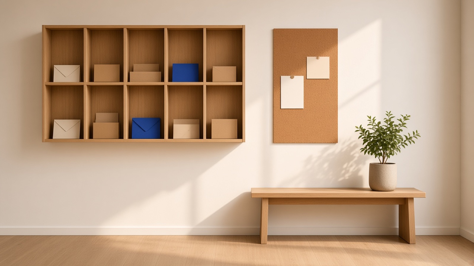 Member mail cubbies beside a pinboard in a coworking space