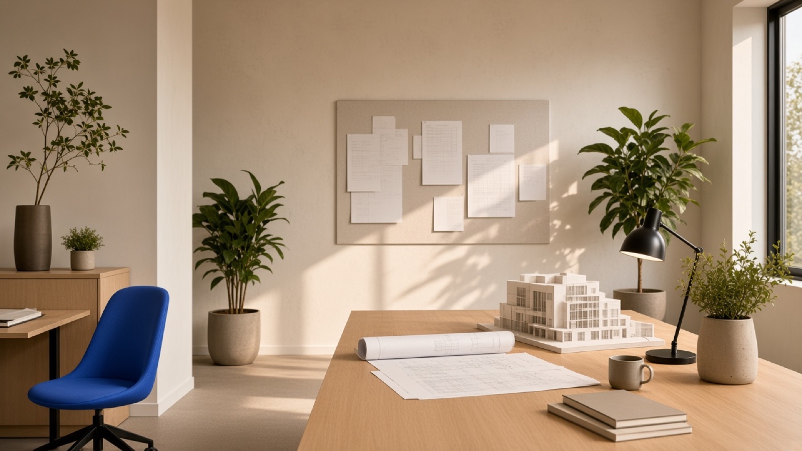 A shared workspace lounge with a sofa, armchair and plants in natural light