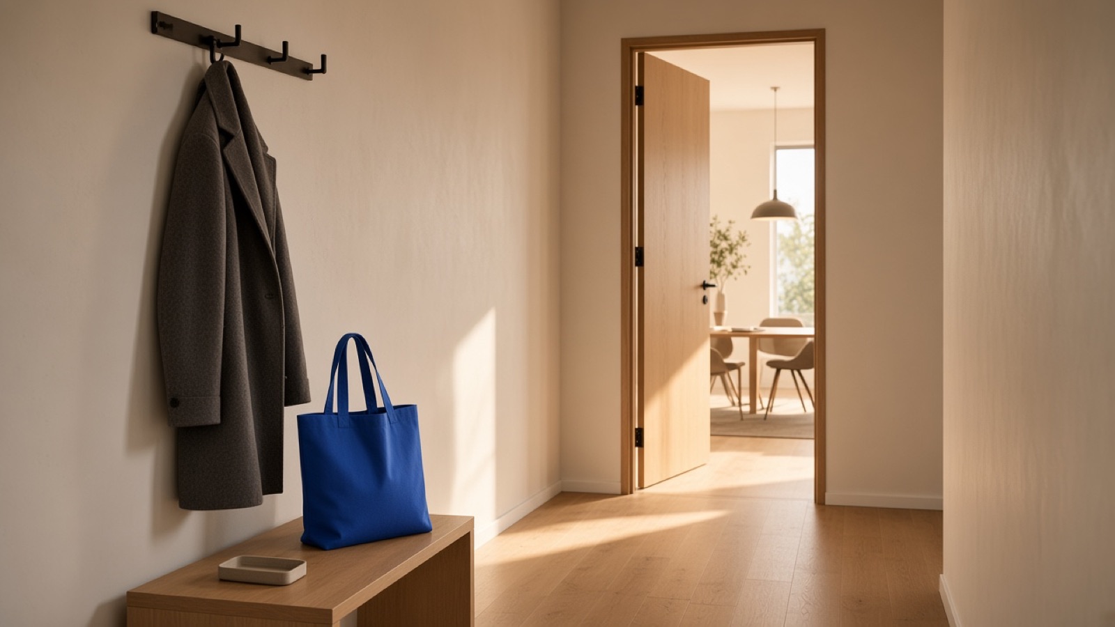 A hallway leading to an open door of a booked room