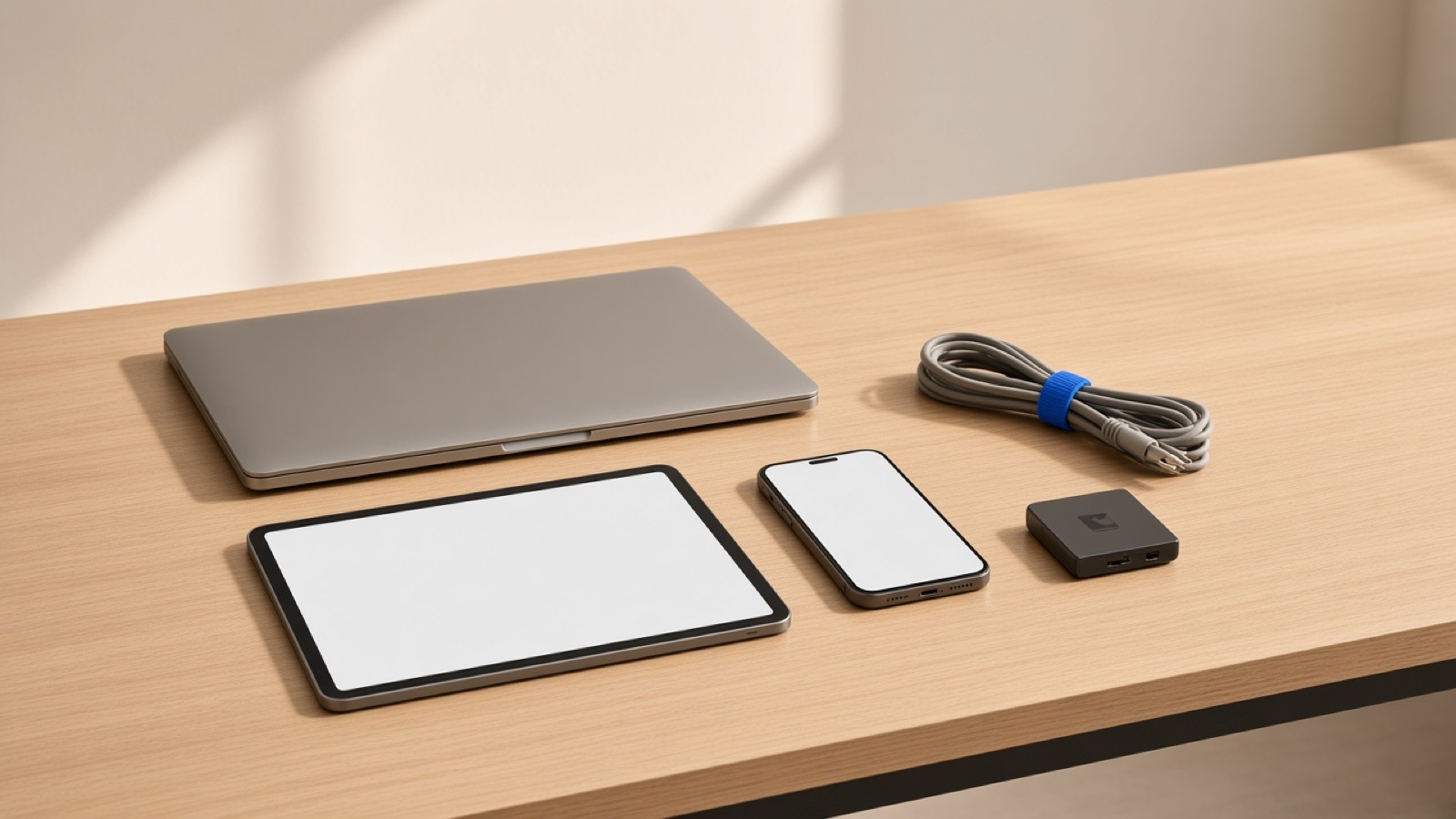 A laptop, tablet, phone and card reader arranged on a desk