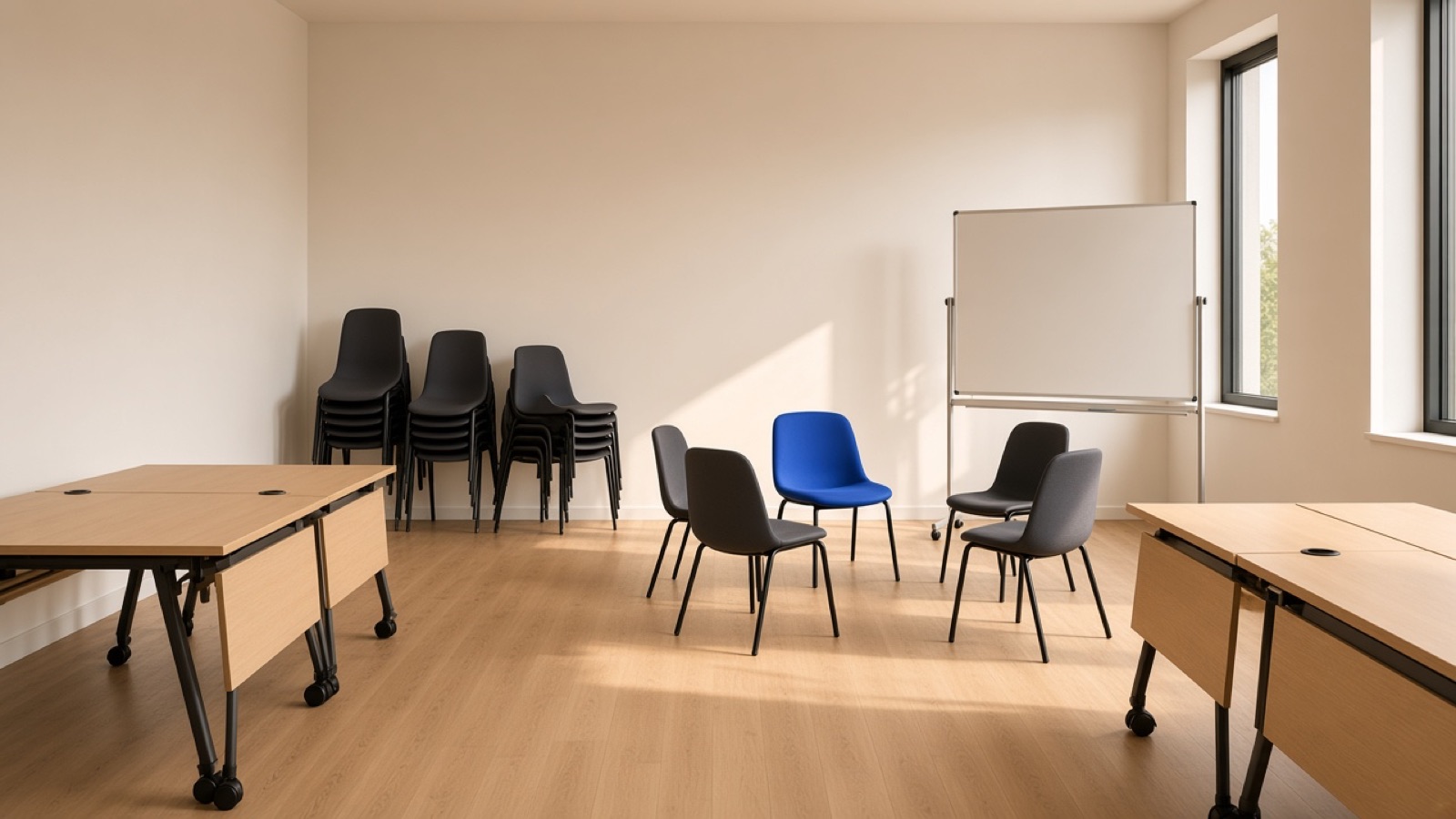 A flexible room with rolling tables and chairs arranged in a circle