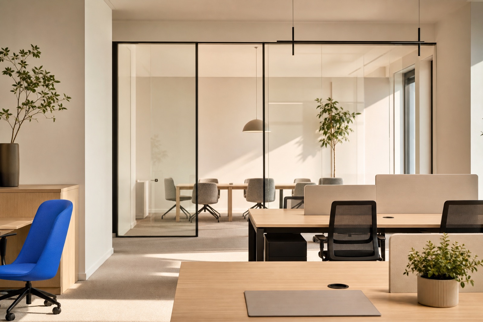 A calm shared office in morning light with a glass meeting room