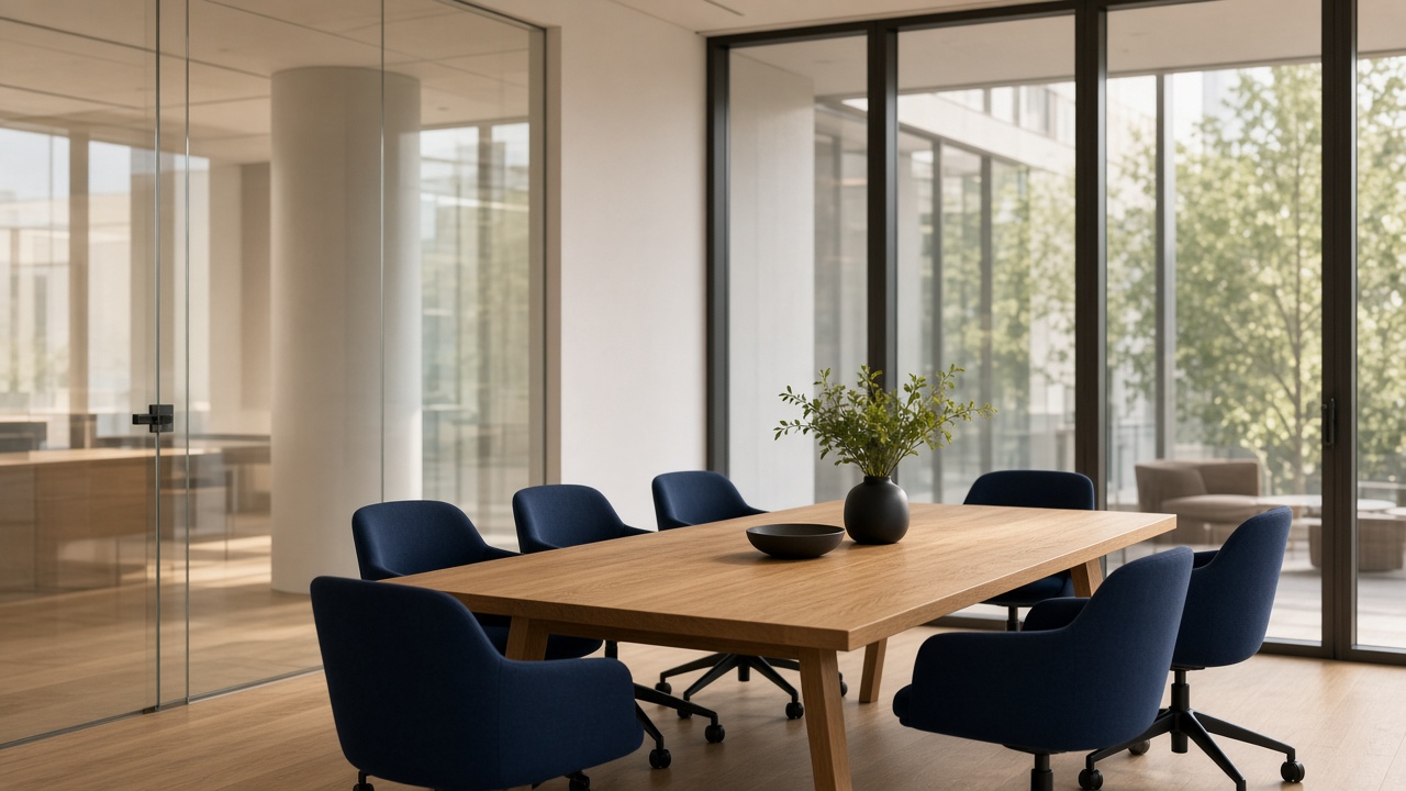 Salle de réunion vitrée avec table et lumière du jour
